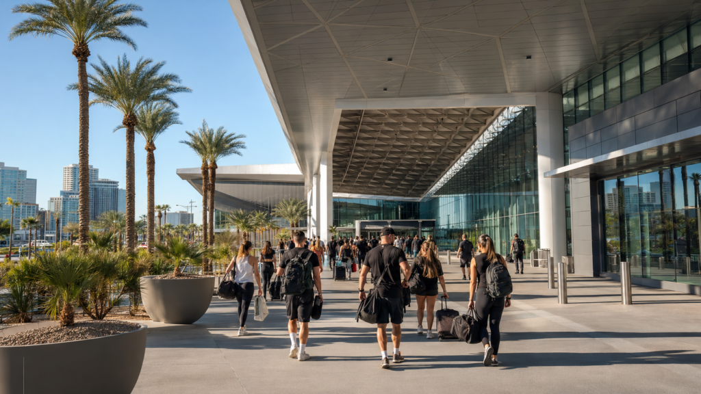 Fitness Expo visitors arriving at a Las Vegas convention center