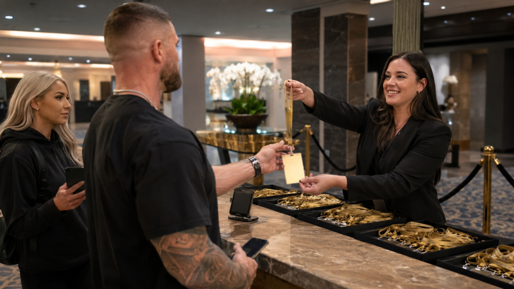 Guest collecting an Olympia VIP credential at the pickup counter