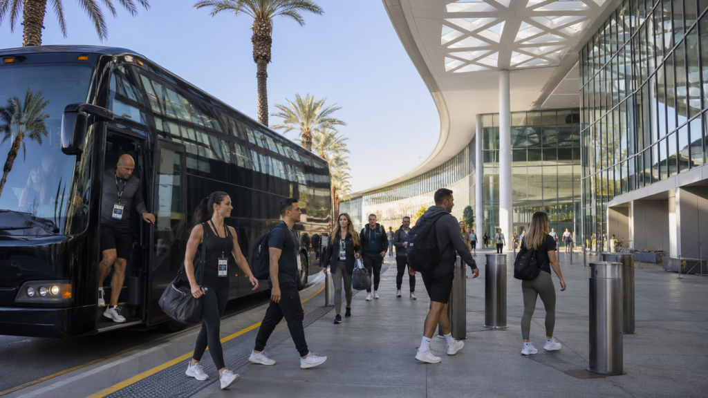 Olympia shuttle arriving at the Las Vegas Convention Center