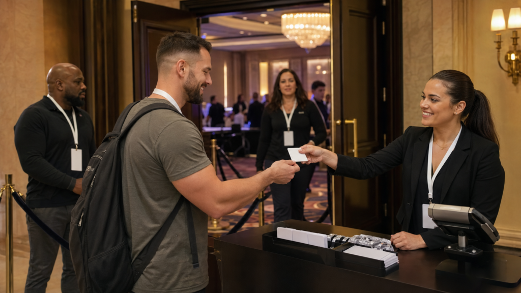 Attendees obtaining Olympia Champions Seminar tickets at the door