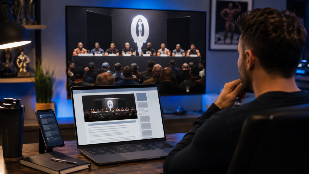 Fan checking official online viewing information for the Olympia Press Conference 2026